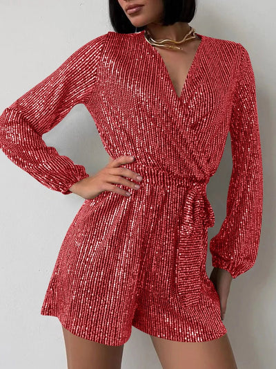 Full Size Sequin Surplice Tie Waist Long Sleeve Romper - Your Second Look