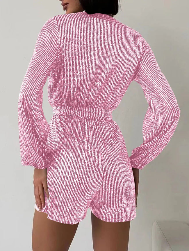 Full Size Sequin Surplice Tie Waist Long Sleeve Romper - Your Second Look