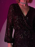 Full Size Sequin Surplice Tie Waist Long Sleeve Romper - Your Second Look
