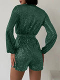 Full Size Sequin Surplice Tie Waist Long Sleeve Romper - Your Second Look