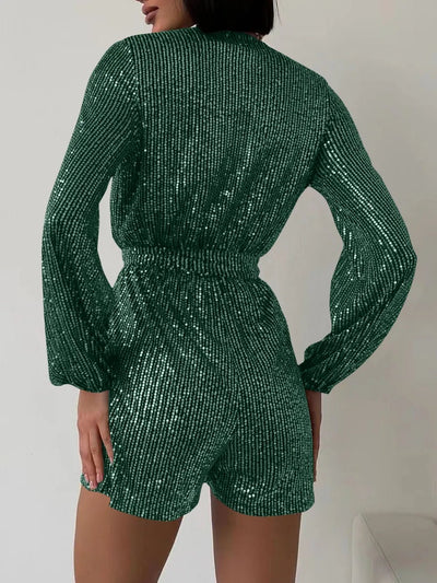 Full Size Sequin Surplice Tie Waist Long Sleeve Romper - Your Second Look
