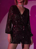 Full Size Sequin Surplice Tie Waist Long Sleeve Romper - Your Second Look