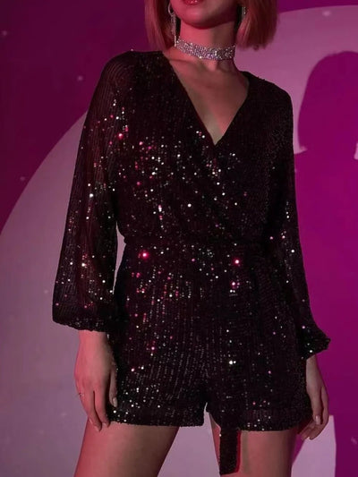Full Size Sequin Surplice Tie Waist Long Sleeve Romper - Your Second Look