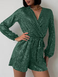 Full Size Sequin Surplice Tie Waist Long Sleeve Romper - Your Second Look