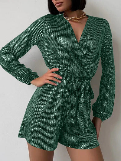 Full Size Sequin Surplice Tie Waist Long Sleeve Romper - Your Second Look