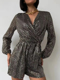 Full Size Sequin Surplice Tie Waist Long Sleeve Romper - Your Second Look