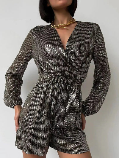 Full Size Sequin Surplice Tie Waist Long Sleeve Romper - Your Second Look