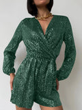 Full Size Sequin Surplice Tie Waist Long Sleeve Romper - Your Second Look