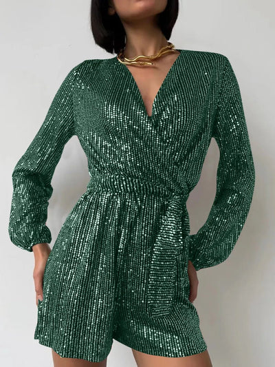 Full Size Sequin Surplice Tie Waist Long Sleeve Romper - Your Second Look