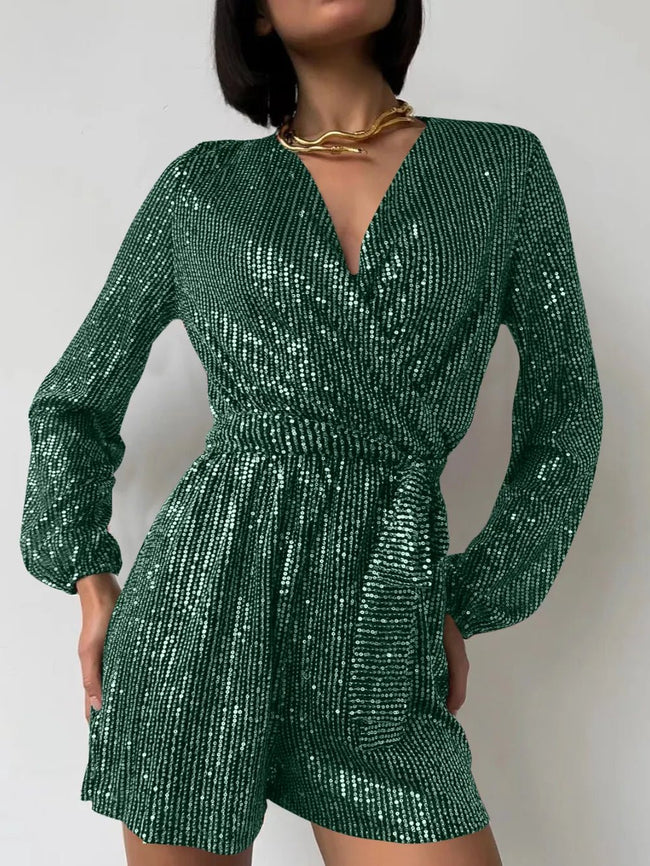 Full Size Sequin Surplice Tie Waist Long Sleeve Romper - Your Second Look