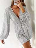 Full Size Sequin Surplice Tie Waist Long Sleeve Romper - Your Second Look