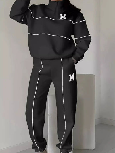 Full Size Striped Quarter Zip Top and Pants Set Plus Size - Your Second Look