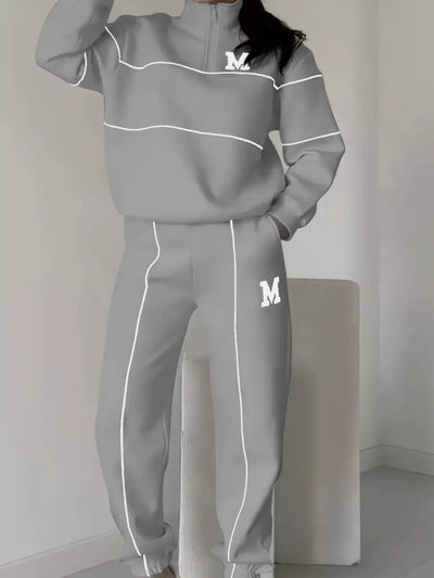 Full Size Striped Quarter Zip Top and Pants Set Plus Size - Your Second Look
