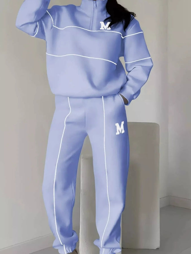 Full Size Striped Quarter Zip Top and Pants Set Plus Size - Your Second Look
