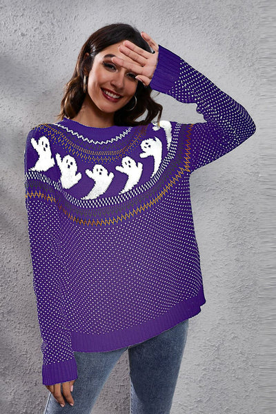 Ghost Pattern Round Neck Long Sleeve Sweater - Your Second Look
