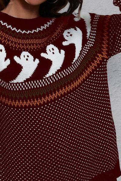 Ghost Pattern Round Neck Long Sleeve Sweater - Your Second Look