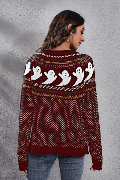 Ghost Pattern Round Neck Long Sleeve Sweater - Your Second Look