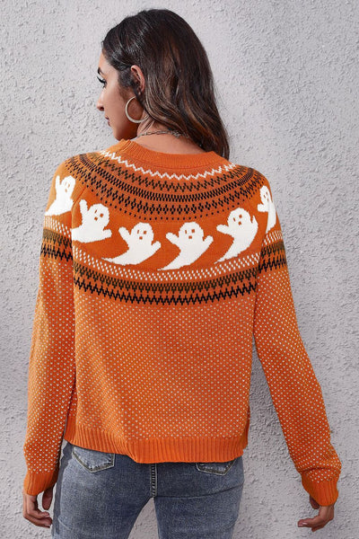 Ghost Pattern Round Neck Long Sleeve Sweater - Your Second Look