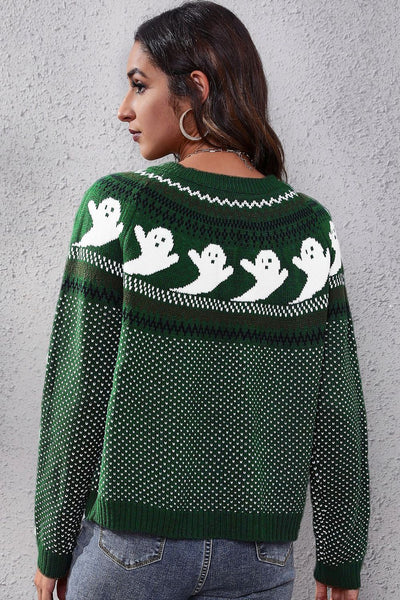Ghost Pattern Round Neck Long Sleeve Sweater - Your Second Look