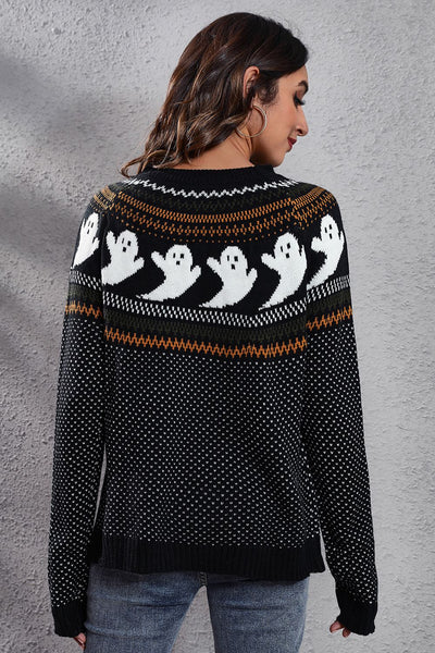 Ghost Pattern Round Neck Long Sleeve Sweater - Your Second Look