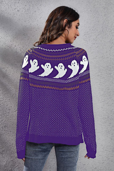 Ghost Pattern Round Neck Long Sleeve Sweater - Your Second Look