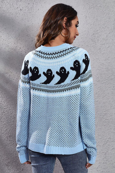 Ghost Pattern Round Neck Long Sleeve Sweater - Your Second Look