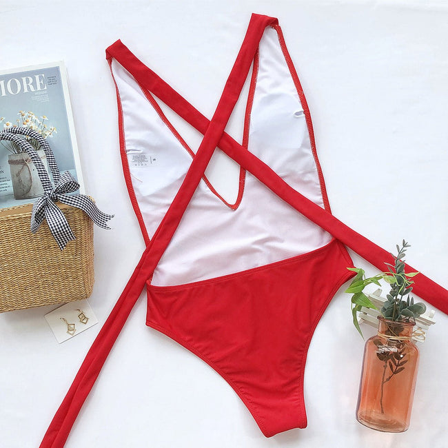 Halter Neck Deep V Tied One - Piece Swimsuit - Your Second Look
