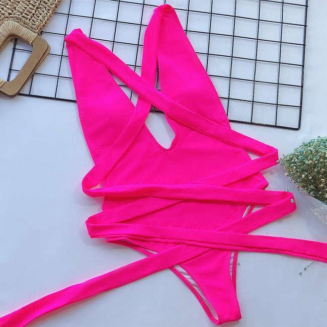 Halter Neck Deep V Tied One - Piece Swimsuit - Your Second Look