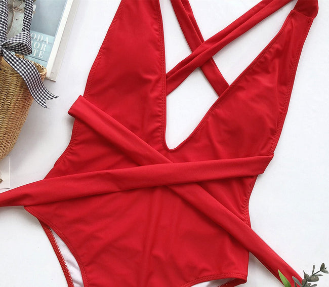 Halter Neck Deep V Tied One - Piece Swimsuit - Your Second Look
