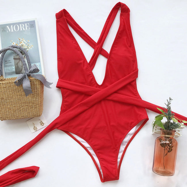 Halter Neck Deep V Tied One - Piece Swimsuit - Your Second Look