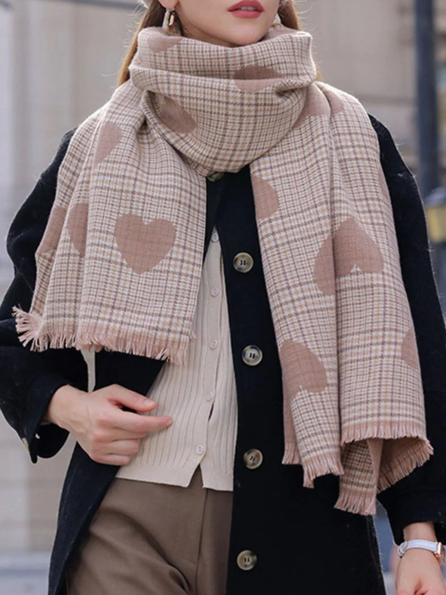 Heart Pattern Plaid Raw Hem Scarf - Your Second Look
