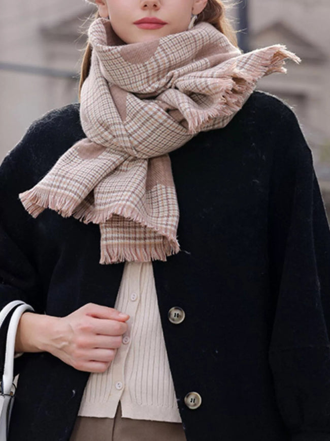 Heart Pattern Plaid Raw Hem Scarf - Your Second Look