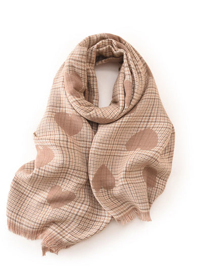 Heart Pattern Plaid Raw Hem Scarf - Your Second Look