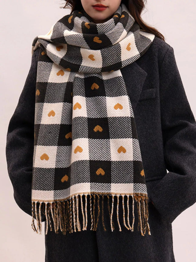 Heart Pattern Plaid Tassel Scarf - Your Second Look