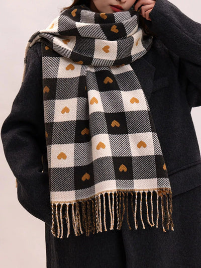 Heart Pattern Plaid Tassel Scarf - Your Second Look