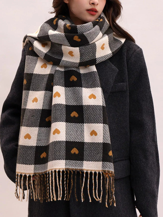 Heart Pattern Plaid Tassel Scarf - Your Second Look