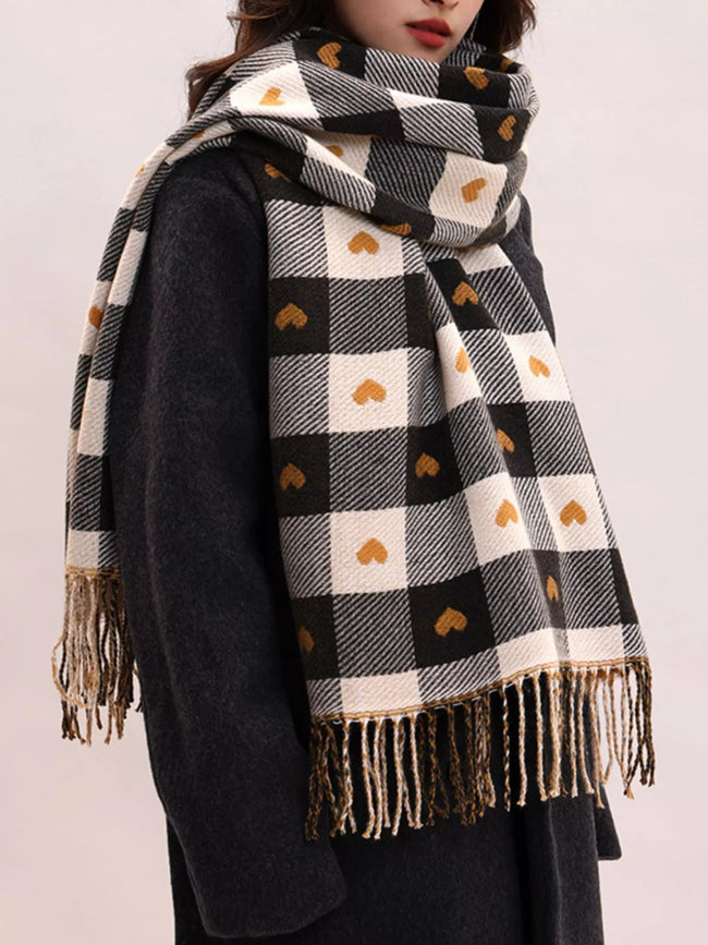 Heart Pattern Plaid Tassel Scarf - Your Second Look