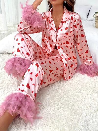 Heart Print Button Up Top and Pants Lounge Set - Your Second Look