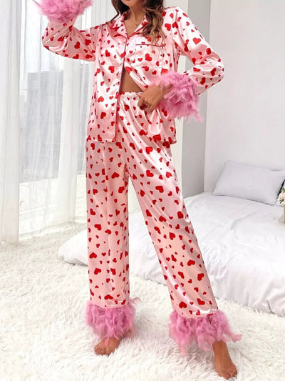 Heart Print Button Up Top and Pants Lounge Set - Your Second Look