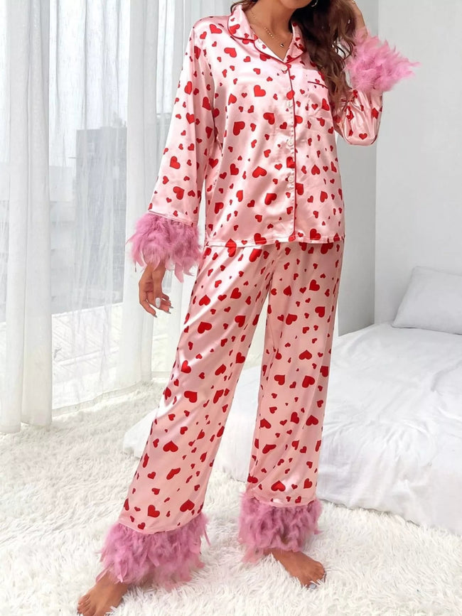 Heart Print Button Up Top and Pants Lounge Set - Your Second Look