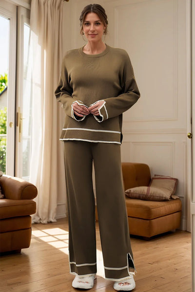 High - Low Round Neck Top and Pants Sweater Set - Your Second Look