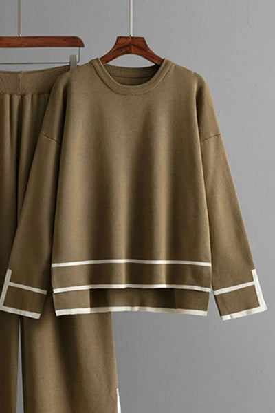 High - Low Round Neck Top and Pants Sweater Set - Your Second Look