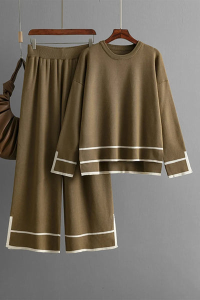 High - Low Round Neck Top and Pants Sweater Set - Your Second Look