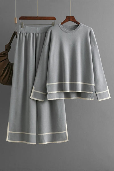 High - Low Round Neck Top and Pants Sweater Set - Your Second Look