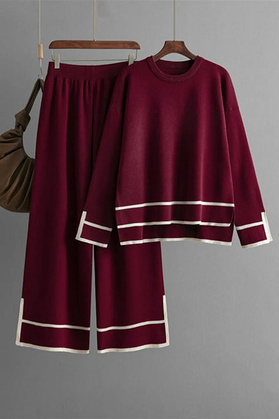 High - Low Round Neck Top and Pants Sweater Set - Your Second Look