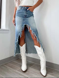 High-Waist Raw Hem Asymmetry Denim Skirt - Your Second Look