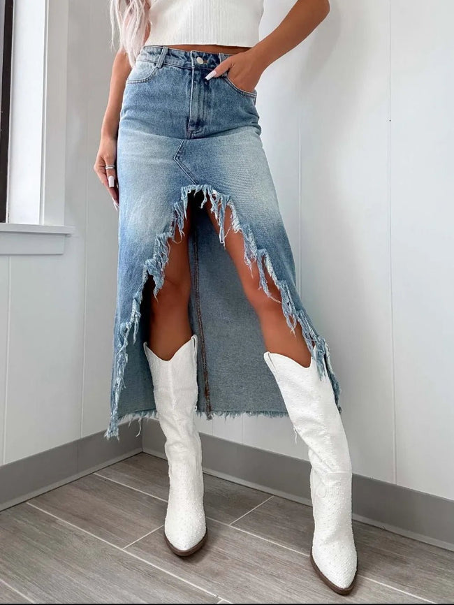 High-Waist Raw Hem Asymmetry Denim Skirt - Your Second Look