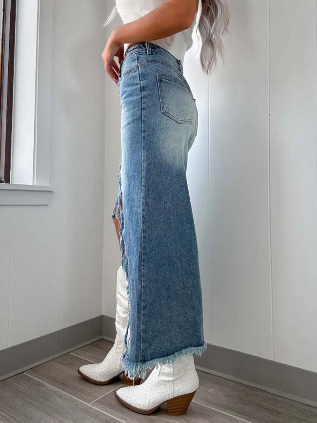 High-Waist Raw Hem Asymmetry Denim Skirt - Your Second Look