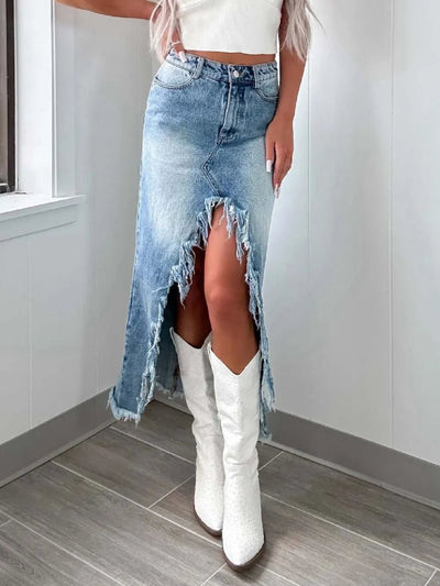 High-Waist Raw Hem Asymmetry Denim Skirt - Your Second Look