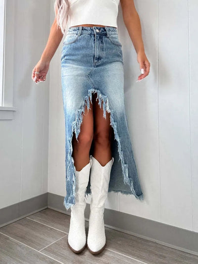 High-Waist Raw Hem Asymmetry Denim Skirt - Your Second Look